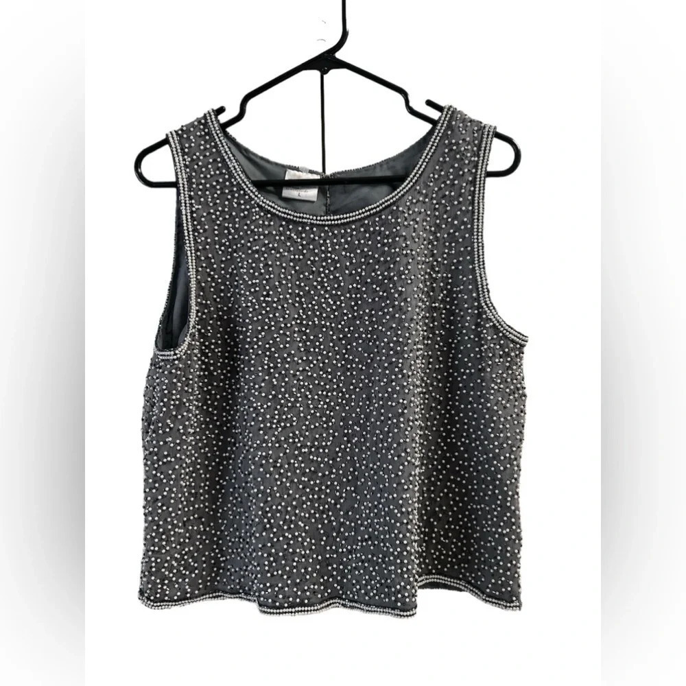 Silk grey beaded tank top blouse